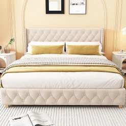 Gutent Lit adulte lit 160x200 cm lit rembourré lit rembourrage à rivets lit pieds en bois velours beige clair