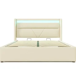 Gutent Lit adulte lit 160x200 cm lit rembourré hydraulique lit de rangement lit barre d'éclairage led lit double pu blanc