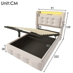 Gutent Lit adulte lit 90x200 cm lit rembourré hydraulique avec sommier en bois Single coton lin beige