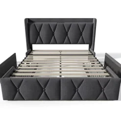 Gutent Lit adulte lit 160x200 cm lit rembourré lit de rangement avec 4 tiroirs lit double lin gris New