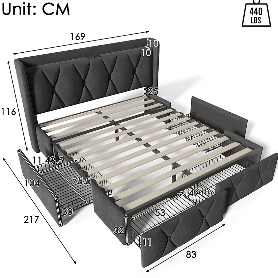 Gutent Lit adulte lit 160x200 cm lit rembourré lit de rangement avec 4 tiroirs lit double lin gris New