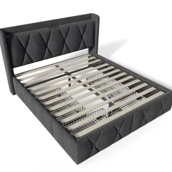 Gutent Lit adulte lit 160x200 cm lit rembourré lit de rangement avec 4 tiroirs lit double lin gris New