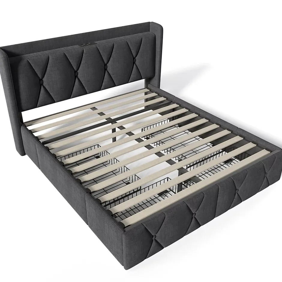 Gutent Lit adulte lit 160x200 cm lit rembourré lit de rangement avec 4 tiroirs lit double lin gris New