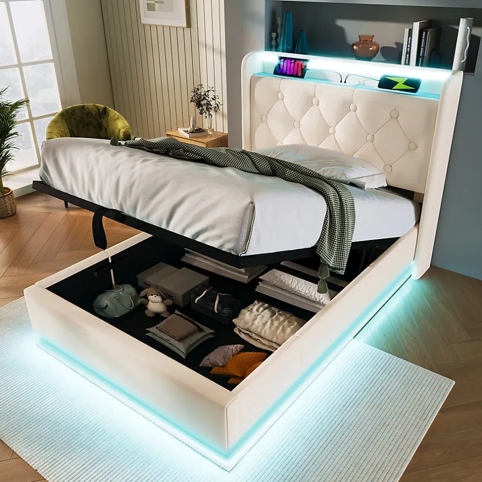 Gutent Lit adulte lit 90x200 cm lit rembourré hydraulique lit appui-tête rembourré avec fonction de recharge usb type-c Single pu blanc