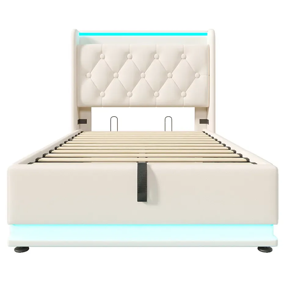 Gutent Lit adulte lit 90x200 cm lit rembourré hydraulique lit appui-tête rembourré avec fonction de recharge usb type-c Single pu blanc