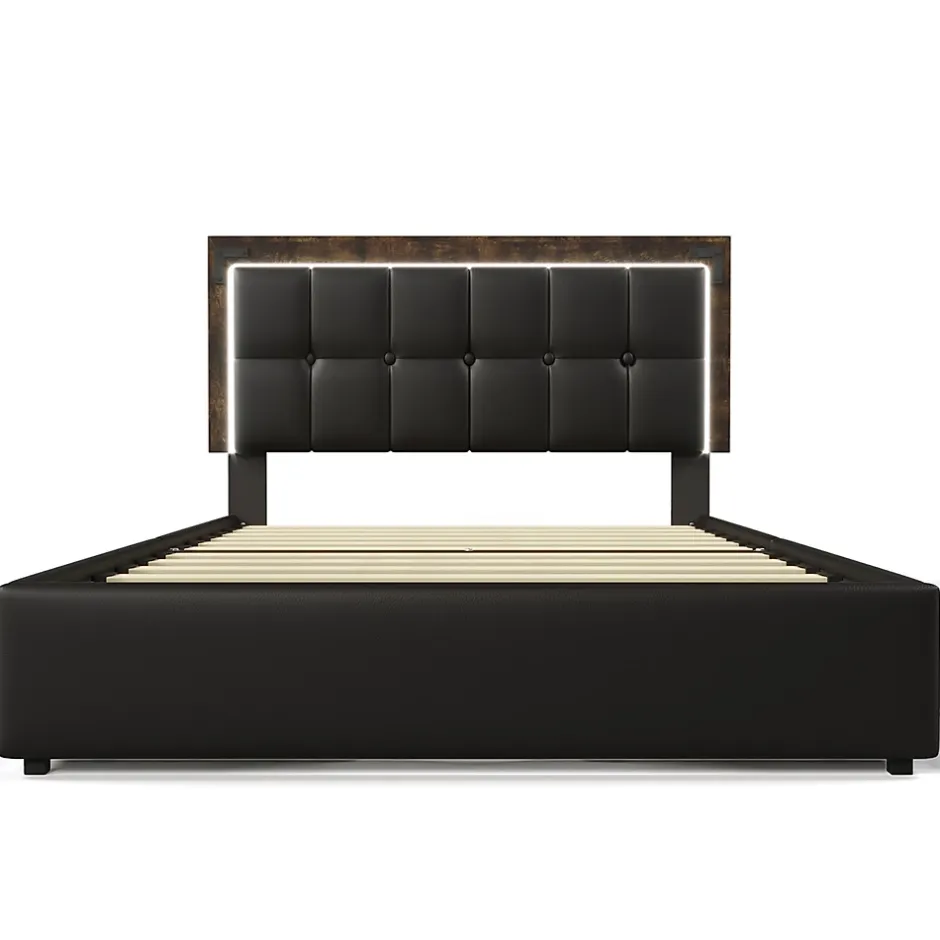 Gutent Lit adulte lit 160x200 cm lit rembourré avec bandeau lumineux led et 4 tiroirs lit double pu noir