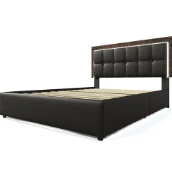 Gutent Lit adulte lit 160x200 cm lit rembourré avec bandeau lumineux led et 4 tiroirs lit double pu noir