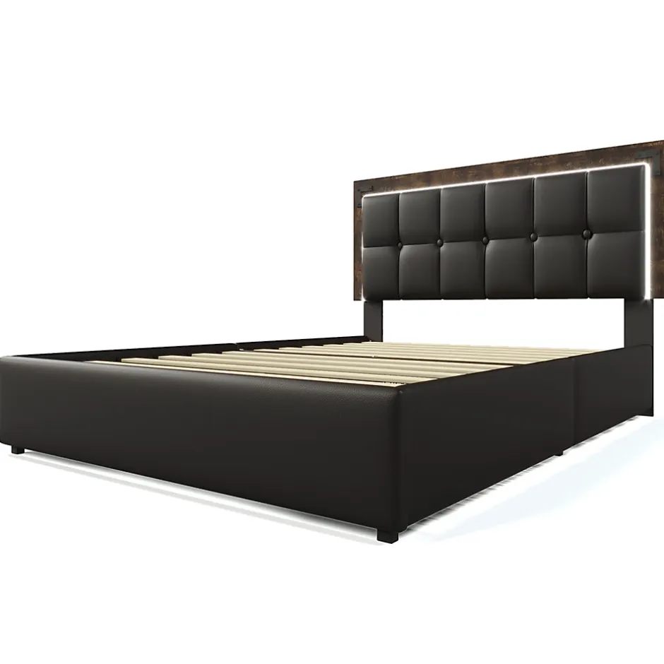 Gutent Lit adulte lit 160x200 cm lit rembourré avec bandeau lumineux led et 4 tiroirs lit double pu noir