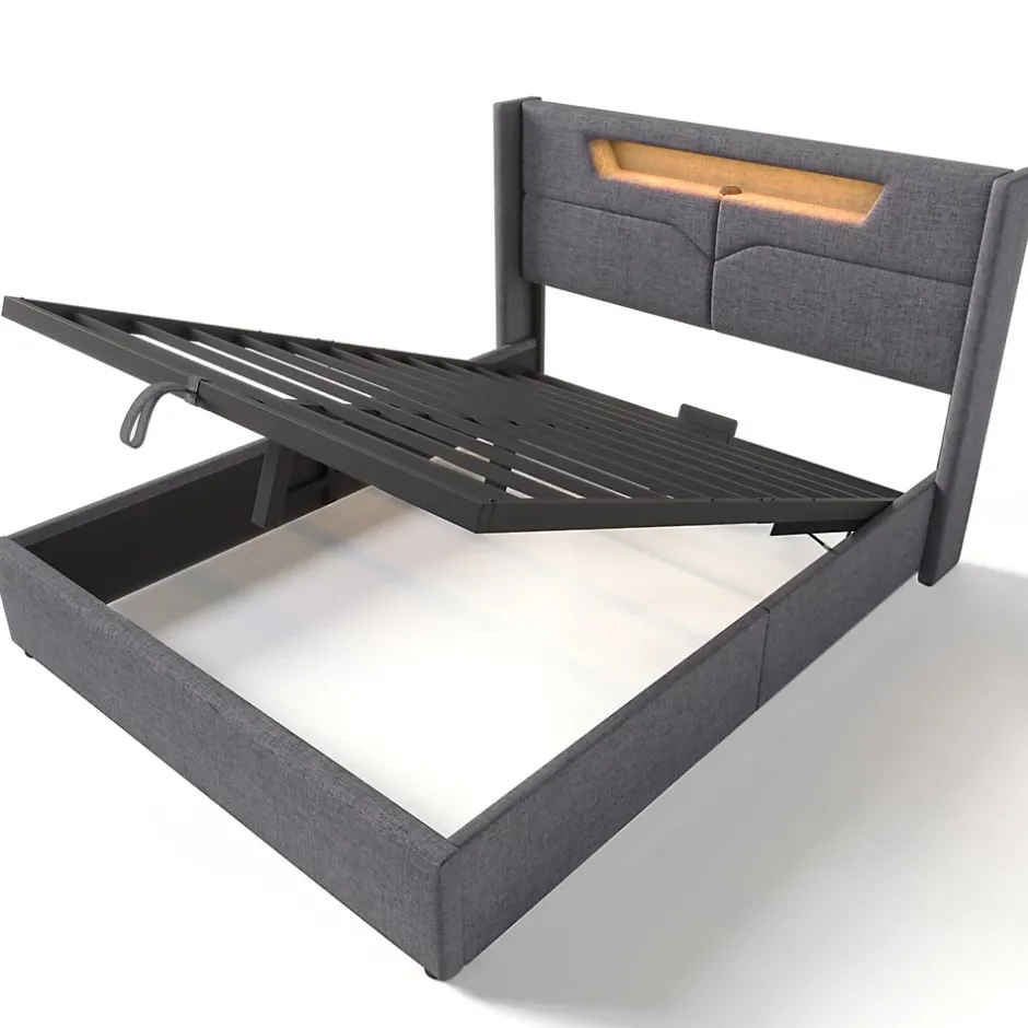 Gutent Lit adulte lit 160x200 cm lit rembourré lit de rangement lit sommier à lattes en bois lit double lin gris Outlet