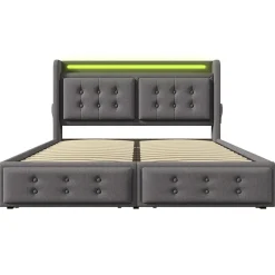 Gutent Lit adulte lit 140x200 cm lit rembourré lit 4 tiroirs lit de rangement avec sommier à lattes en bois lit double coton lin gris