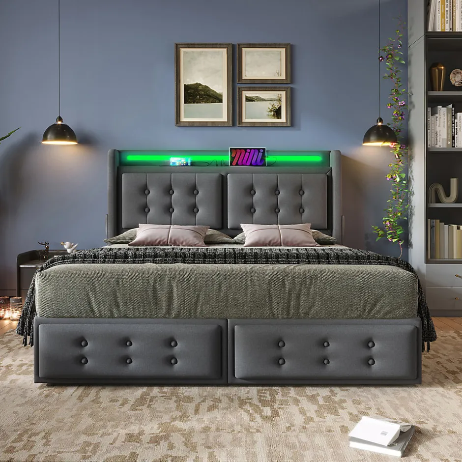 Gutent Lit adulte lit 140x200 cm lit rembourré lit 4 tiroirs lit de rangement avec sommier à lattes en bois lit double coton lin gris