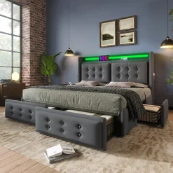 Gutent Lit adulte lit 140x200 cm lit rembourré lit 4 tiroirs lit de rangement avec sommier à lattes en bois lit double coton lin gris