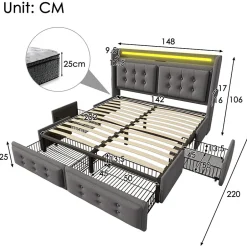 Gutent Lit adulte lit 140x200 cm lit rembourré lit 4 tiroirs lit de rangement avec sommier à lattes en bois lit double coton lin gris