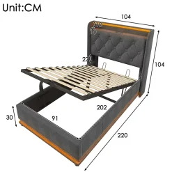 Gutent Lit adulte lit 90x200 cm lit rembourré hydraulique lit appui-tête rembourré avec fonction de recharge usb type-c Single lin gris Discount