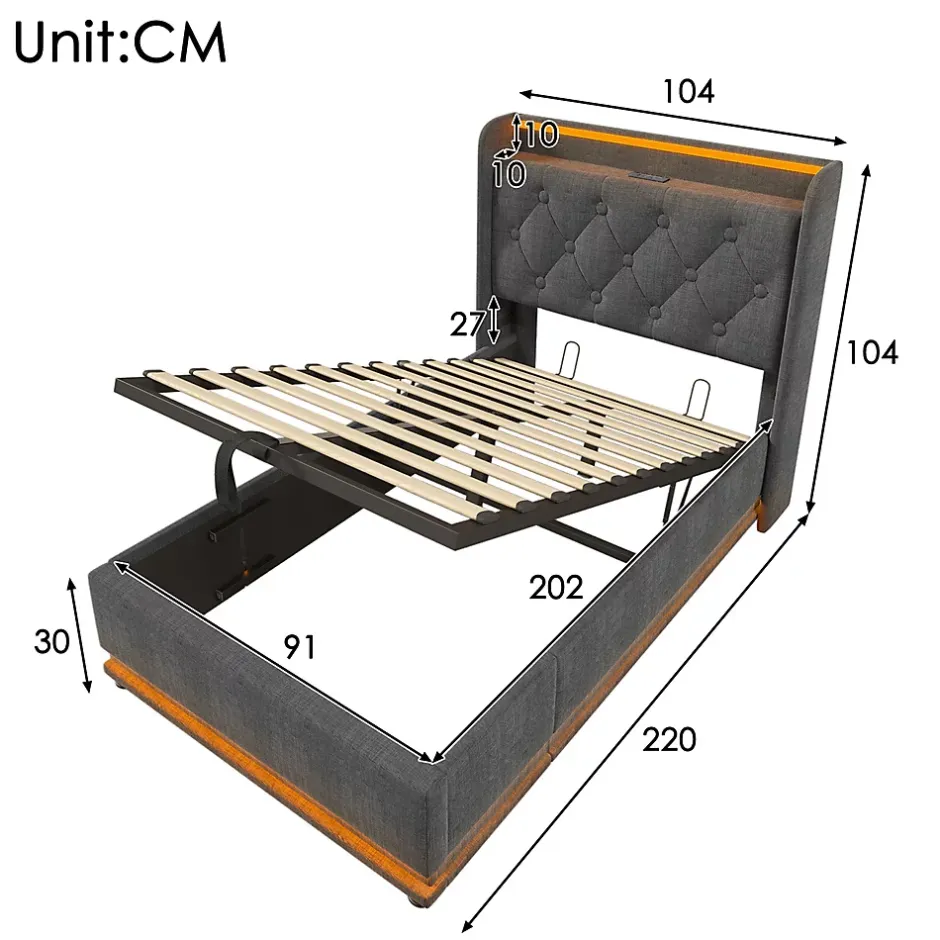 Gutent Lit adulte lit 90x200 cm lit rembourré hydraulique lit appui-tête rembourré avec fonction de recharge usb type-c Single lin gris Discount