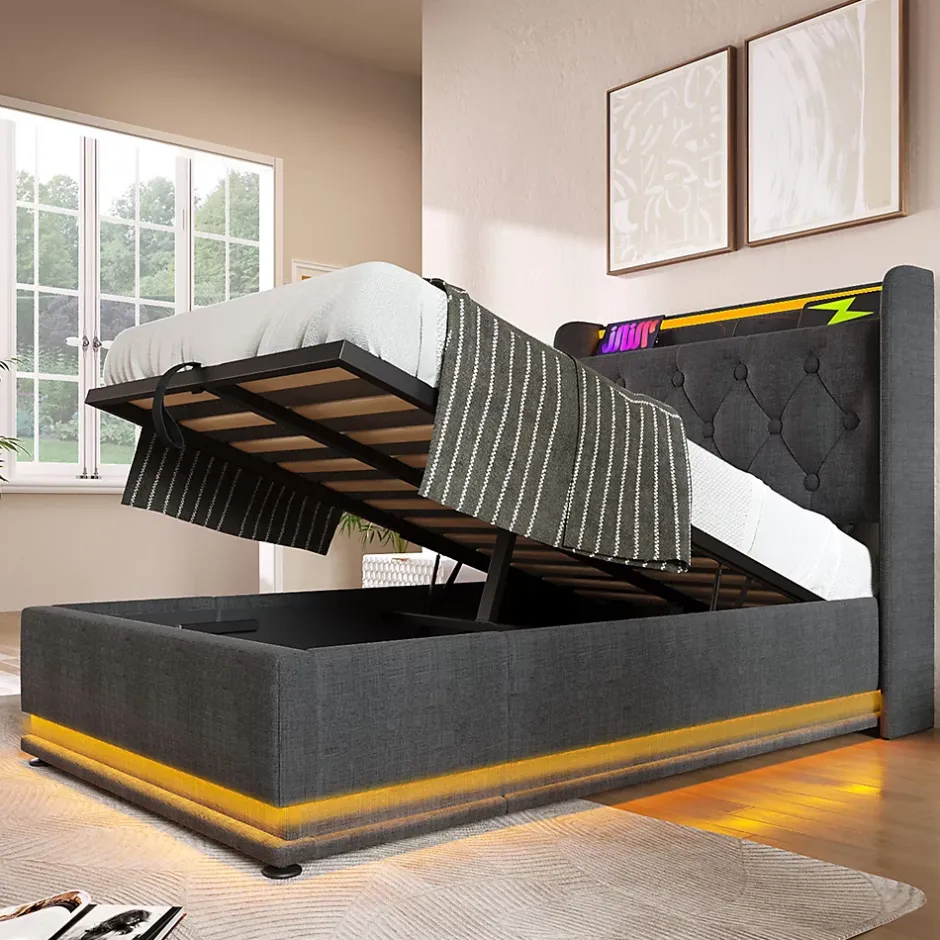 Gutent Lit adulte lit 90x200 cm lit rembourré hydraulique lit appui-tête rembourré avec fonction de recharge usb type-c Single lin gris Discount