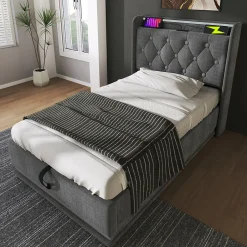 Gutent Lit adulte lit 90x200 cm lit rembourré hydraulique lit appui-tête rembourré avec fonction de recharge usb type-c Single lin gris Discount
