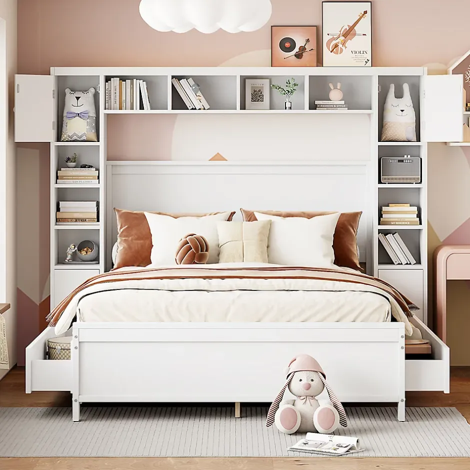 Gutent Lit adulte lit 140x200 cm lit sommier à lattes avec 4 tiroirs et armoire de rangement lit double bois massif blanc Discount