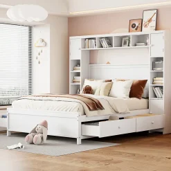 Gutent Lit adulte lit 140x200 cm lit sommier à lattes avec 4 tiroirs et armoire de rangement lit double bois massif blanc Discount