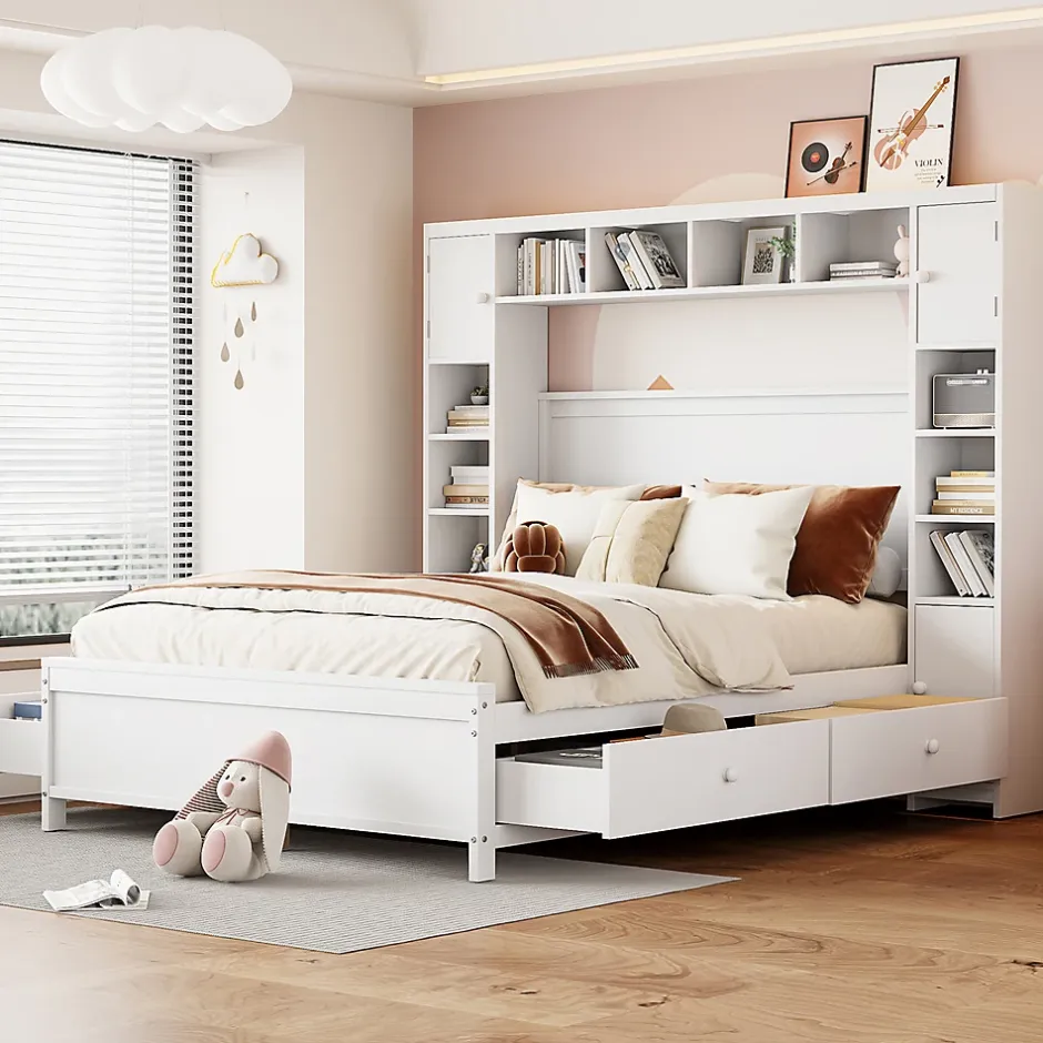 Gutent Lit adulte lit 140x200 cm lit sommier à lattes avec 4 tiroirs et armoire de rangement lit double bois massif blanc Discount