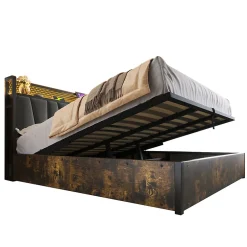 Gutent Lit adulte lit 160x200 cm lit sommier à lattes en bois lit éclairage led lit en métal lit double lin gris
