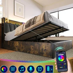 Gutent Lit adulte lit 160x200 cm lit sommier à lattes en bois lit éclairage led lit en métal lit double lin gris