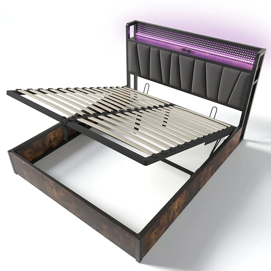 Gutent Lit adulte lit 160x200 cm lit sommier à lattes en bois lit éclairage led lit en métal lit double lin gris