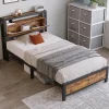 Gutent Lit adulte lit 90x200 cm lit tête de lit de rangement lit sommier à lattes lit en métal Single métal+mdf Neutral