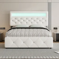 Gutent Lit adulte lit 140x200cm(90x190cm) lit rembourré avec rallonge de lit et 2 tiroirs lit double lin blanc