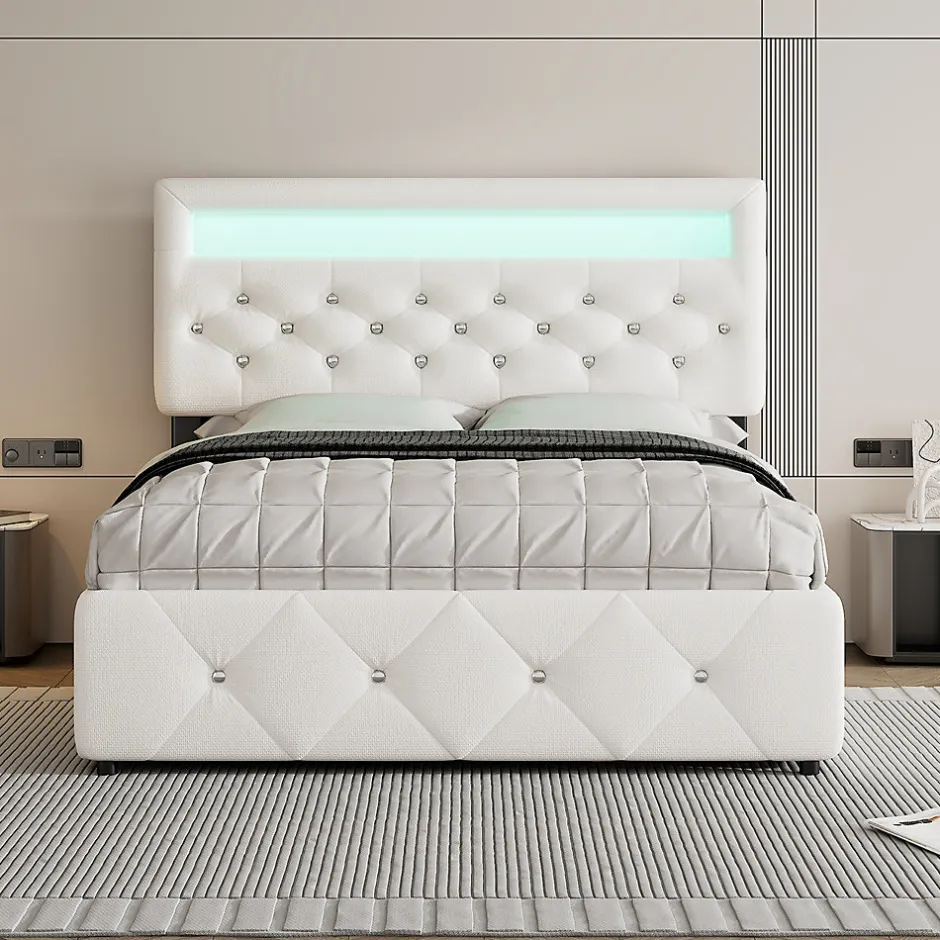 Gutent Lit adulte lit 140x200cm(90x190cm) lit rembourré avec rallonge de lit et 2 tiroirs lit double lin blanc