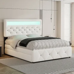 Gutent Lit adulte lit 140x200cm(90x190cm) lit rembourré avec rallonge de lit et 2 tiroirs lit double lin blanc
