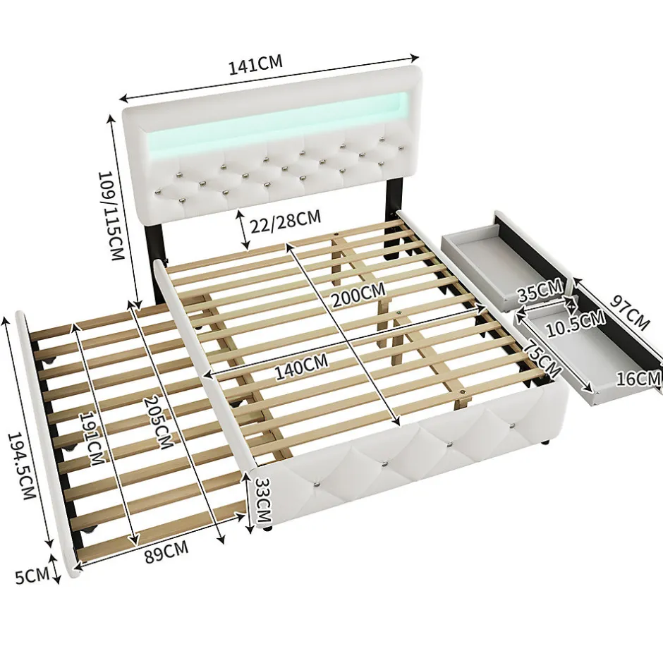 Gutent Lit adulte lit 140x200cm(90x190cm) lit rembourré avec rallonge de lit et 2 tiroirs lit double lin blanc