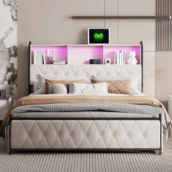 Simple Life Lit adulte rembourré avec LED et USB, 4 tiroirs, sommier à lattes, velours, 180x200cm, Beige