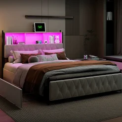 Simple Life Lit adulte rembourré avec LED et USB, 4 tiroirs, sommier à lattes, velours, 180x200cm, Beige