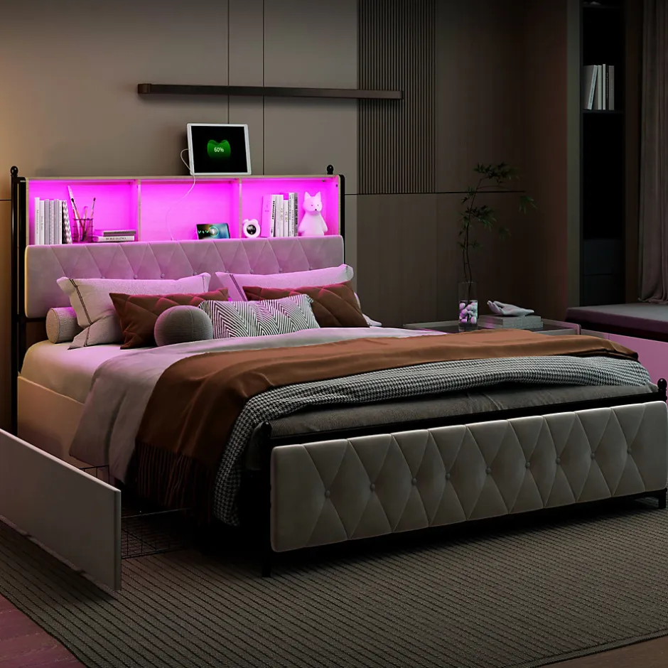 Simple Life Lit adulte rembourré avec LED et USB, 4 tiroirs, sommier à lattes, velours, 180x200cm, Beige