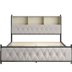 Simple Life Lit adulte rembourré avec LED et USB, 4 tiroirs, sommier à lattes, velours, 180x200cm, Beige