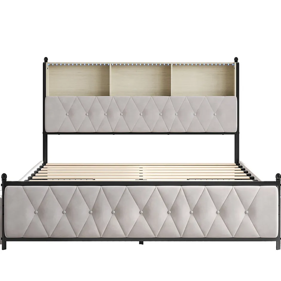 Simple Life Lit adulte rembourré avec LED et USB, 4 tiroirs, sommier à lattes, velours, 180x200cm, Beige
