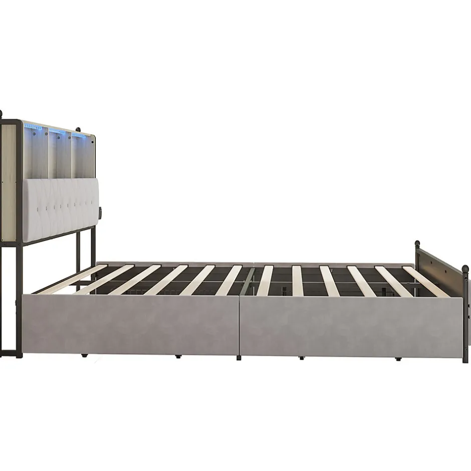 Simple Life Lit adulte rembourré avec LED et USB, 4 tiroirs, sommier à lattes, velours, 180x200cm, Beige