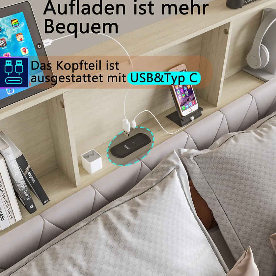 Simple Life Lit adulte rembourré avec LED et USB, 4 tiroirs, sommier à lattes, velours, 180x200cm, Beige