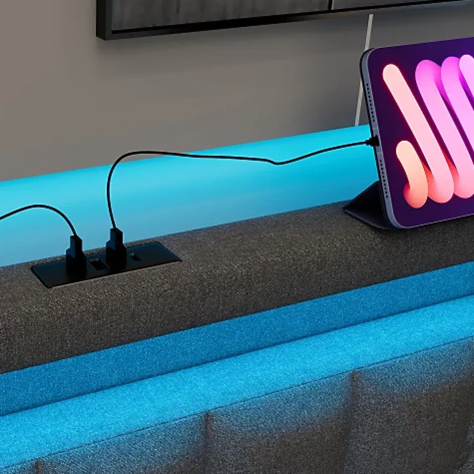 ModernLuxe Lit adulte rembourré 90x200 cm en lin - 2 tiroirs - avec fonction de charge et éclairage LED - Gris Online