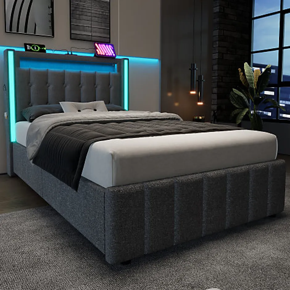 ModernLuxe Lit adulte rembourré 90x200 cm en lin - 2 tiroirs - avec fonction de charge et éclairage LED - Gris Online