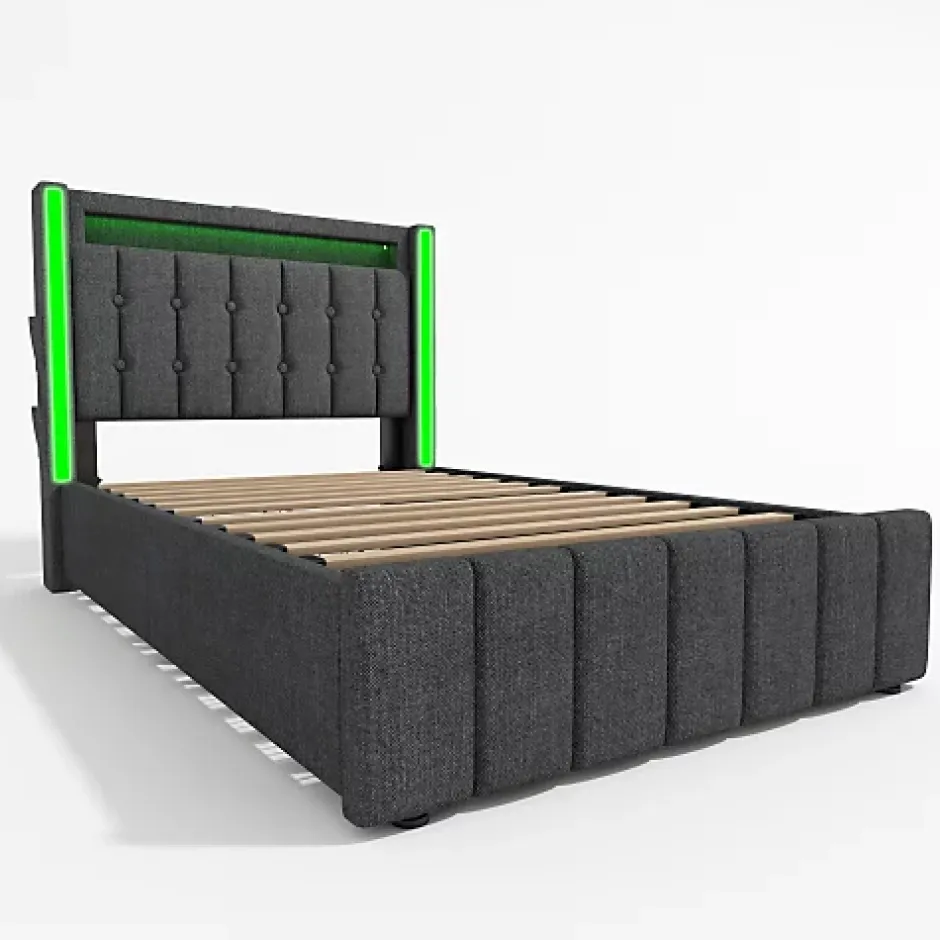 ModernLuxe Lit adulte rembourré 90x200 cm en lin - 2 tiroirs - avec fonction de charge et éclairage LED - Gris Online