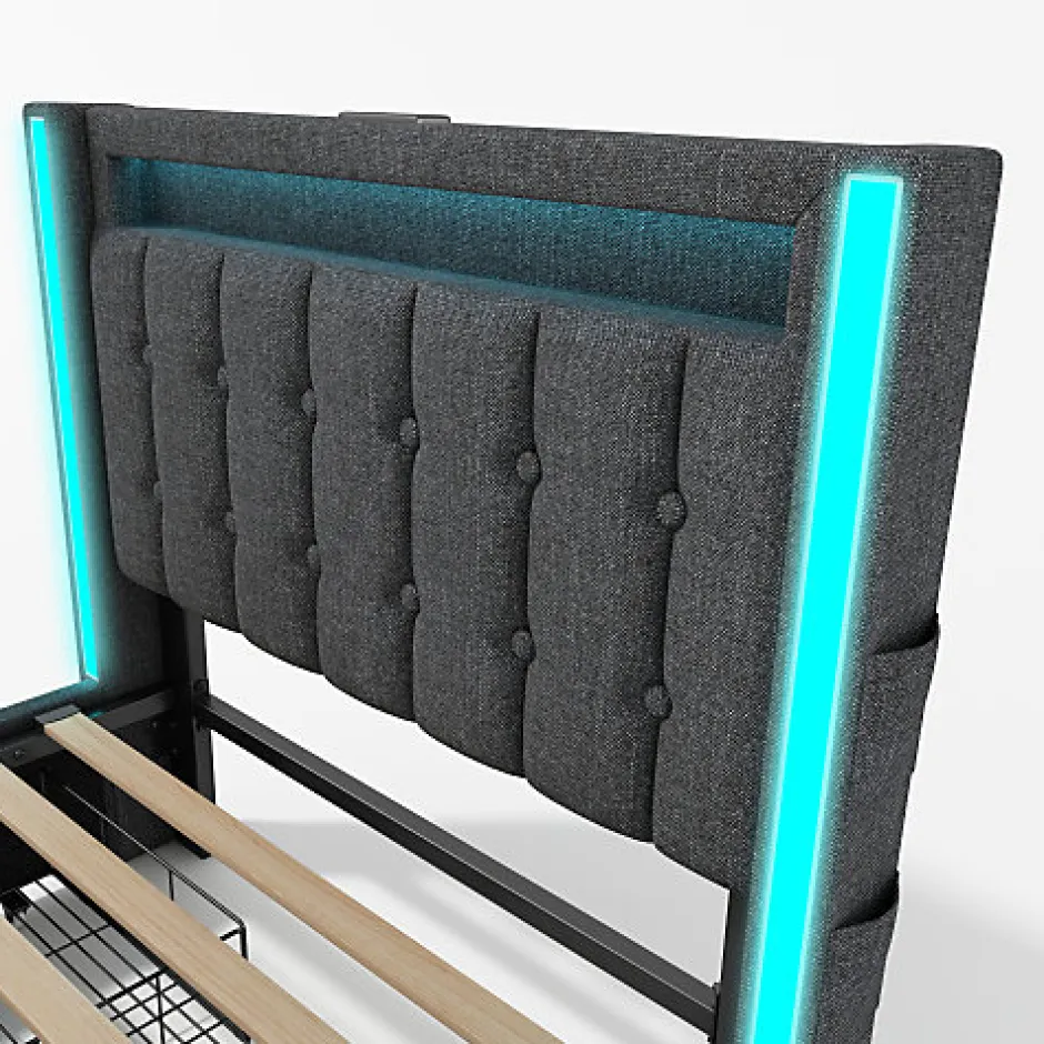 ModernLuxe Lit adulte rembourré 90x200 cm en lin - 2 tiroirs - avec fonction de charge et éclairage LED - Gris Online
