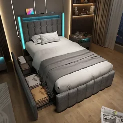 ModernLuxe Lit adulte rembourré 90x200 cm en lin - 2 tiroirs - avec fonction de charge et éclairage LED - Gris Online