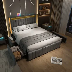 ModernLuxe Lit adulte rembourré 140x200 cm en lin - 2 tiroirs - avec fonction de charge et éclairage LED - Gris