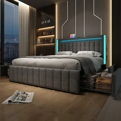 ModernLuxe Lit adulte rembourré 140x200 cm en lin - 2 tiroirs - avec fonction de charge et éclairage LED - Gris