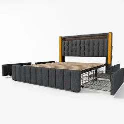 ModernLuxe Lit adulte rembourré 140x200 cm en lin - 2 tiroirs - avec fonction de charge et éclairage LED - Gris