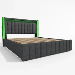 ModernLuxe Lit adulte rembourré 140x200 cm en lin - 2 tiroirs - avec fonction de charge et éclairage LED - Gris