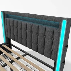 ModernLuxe Lit adulte rembourré 140x200 cm en lin - 2 tiroirs - avec fonction de charge et éclairage LED - Gris