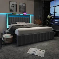 ModernLuxe Lit adulte rembourré 160x200 cm en lin - 2 tiroirs - avec fonction de charge et éclairage LED - Gris Sale